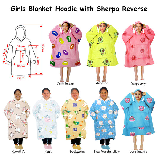 Girls Comfy Warm Blanket Hoodie with Sherpa Fleece Reverse Love Hearts